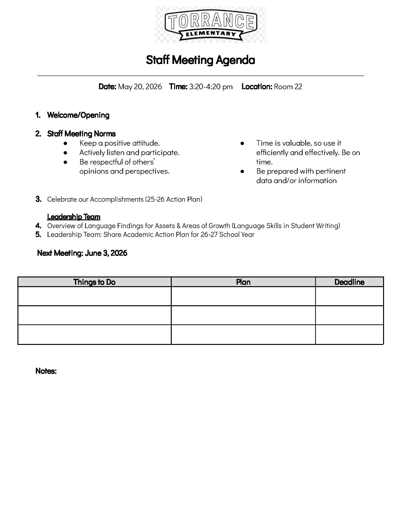Staff meeting agenda