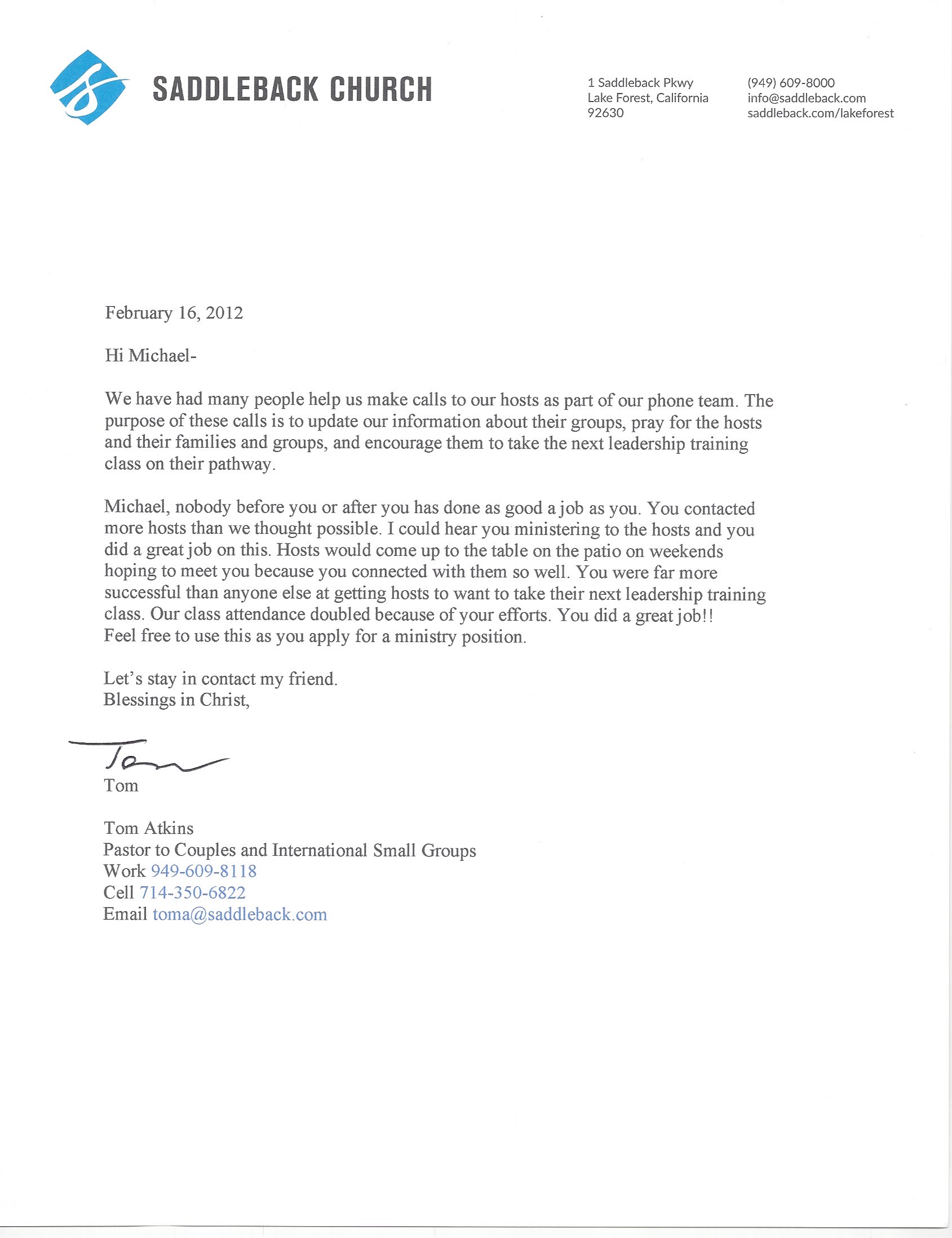 Reference 2 recommendation letter from Tom Atkins, 2012