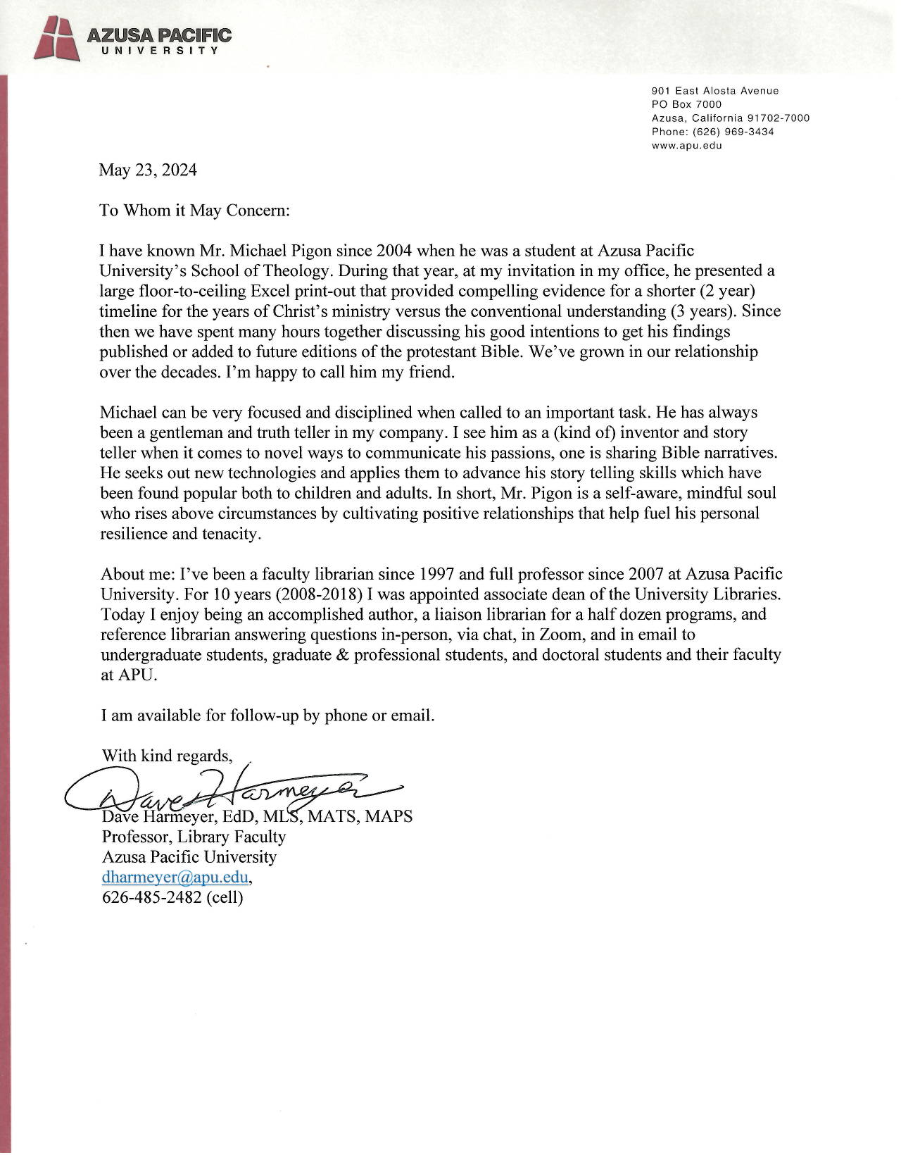 Reference 4 recommendation letter from Harmeyer, Azusa Pacific University, 2004 to 2024