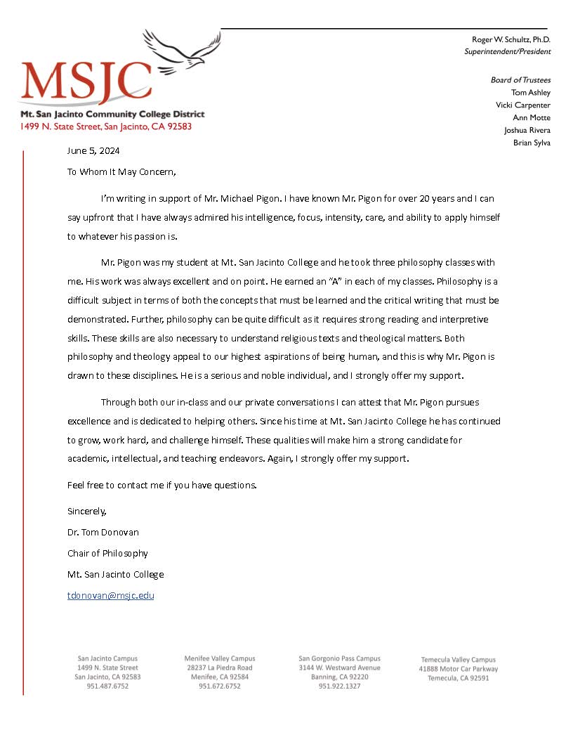 Reference 5 recommendation letter from Donovan, Philosophy, 2003 to 2024