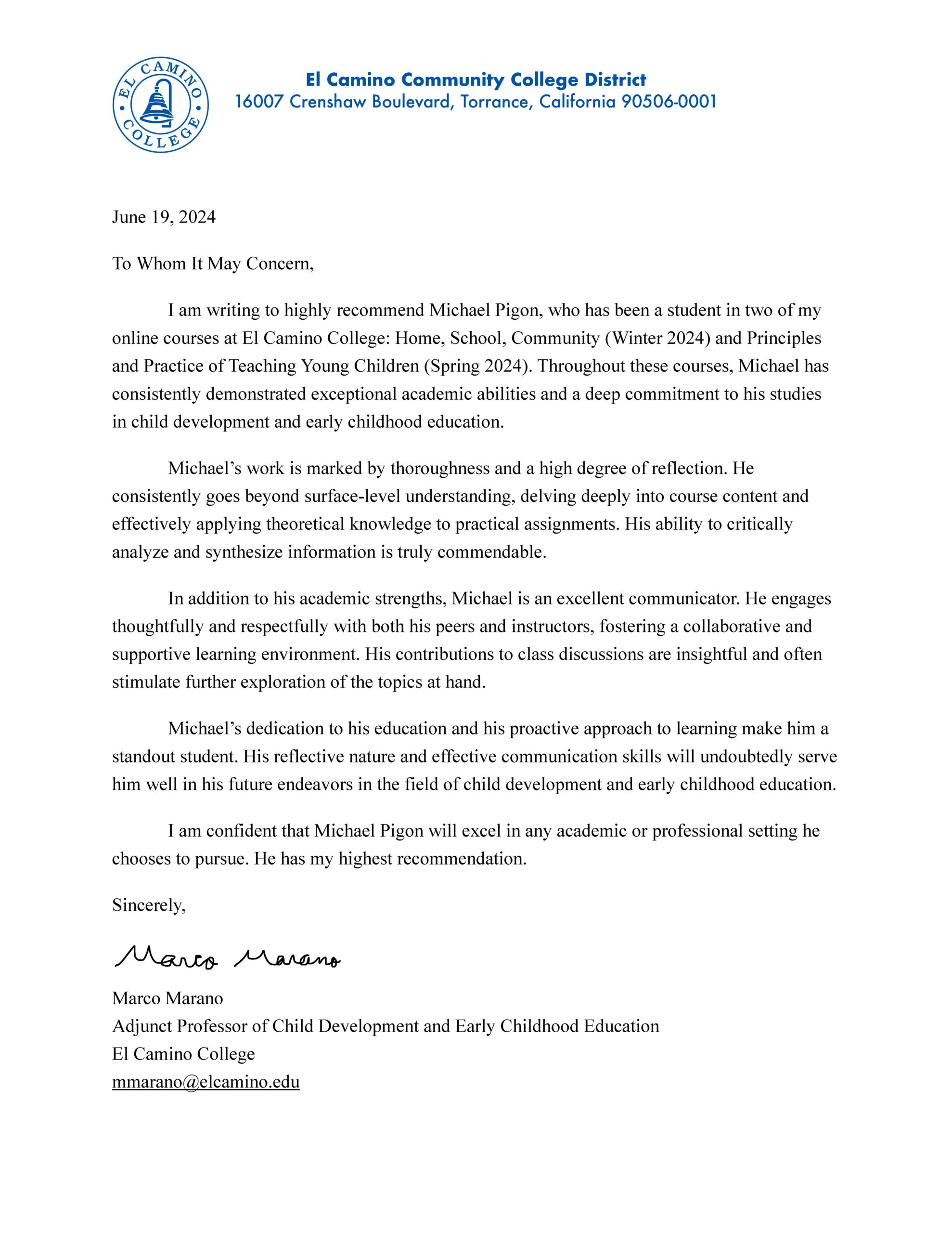 Reference 6 recommendation letter from Marano, Child Development, 2024