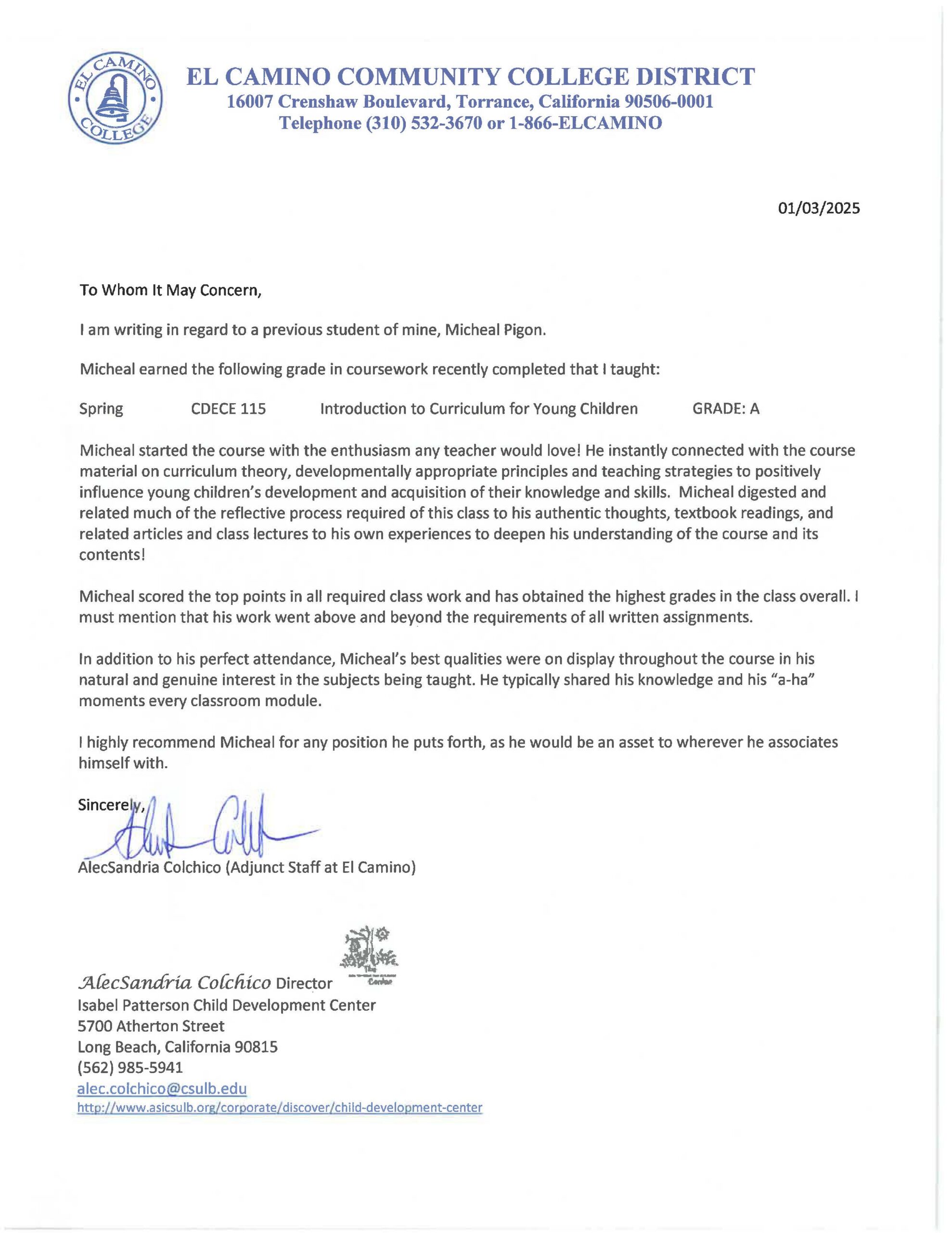 Reference 3 recommendation letter from Colchico, Child Development, 2025