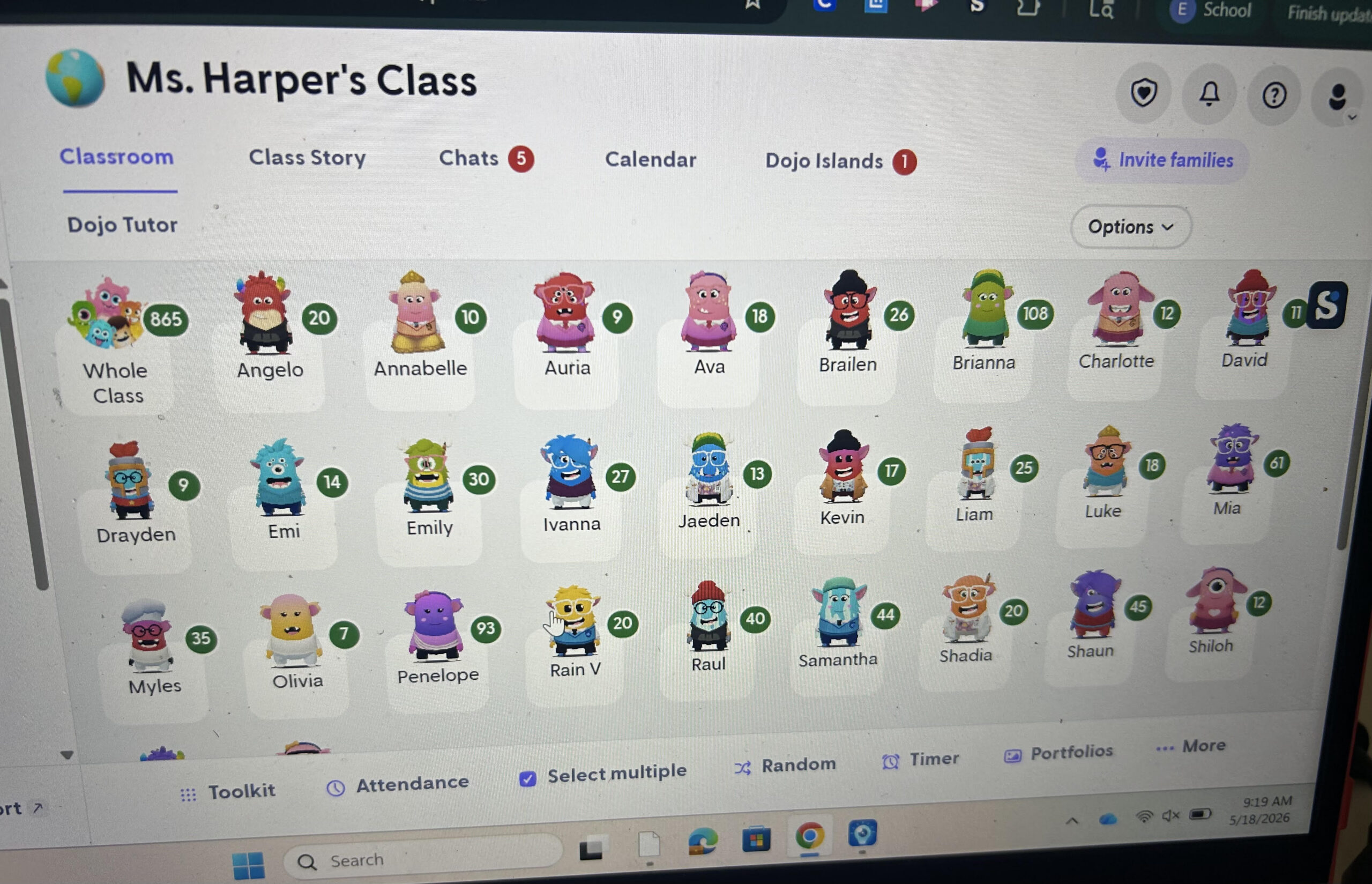 Classroom Dojo positive reinforcement display used as CSTP 5 Evidence 1