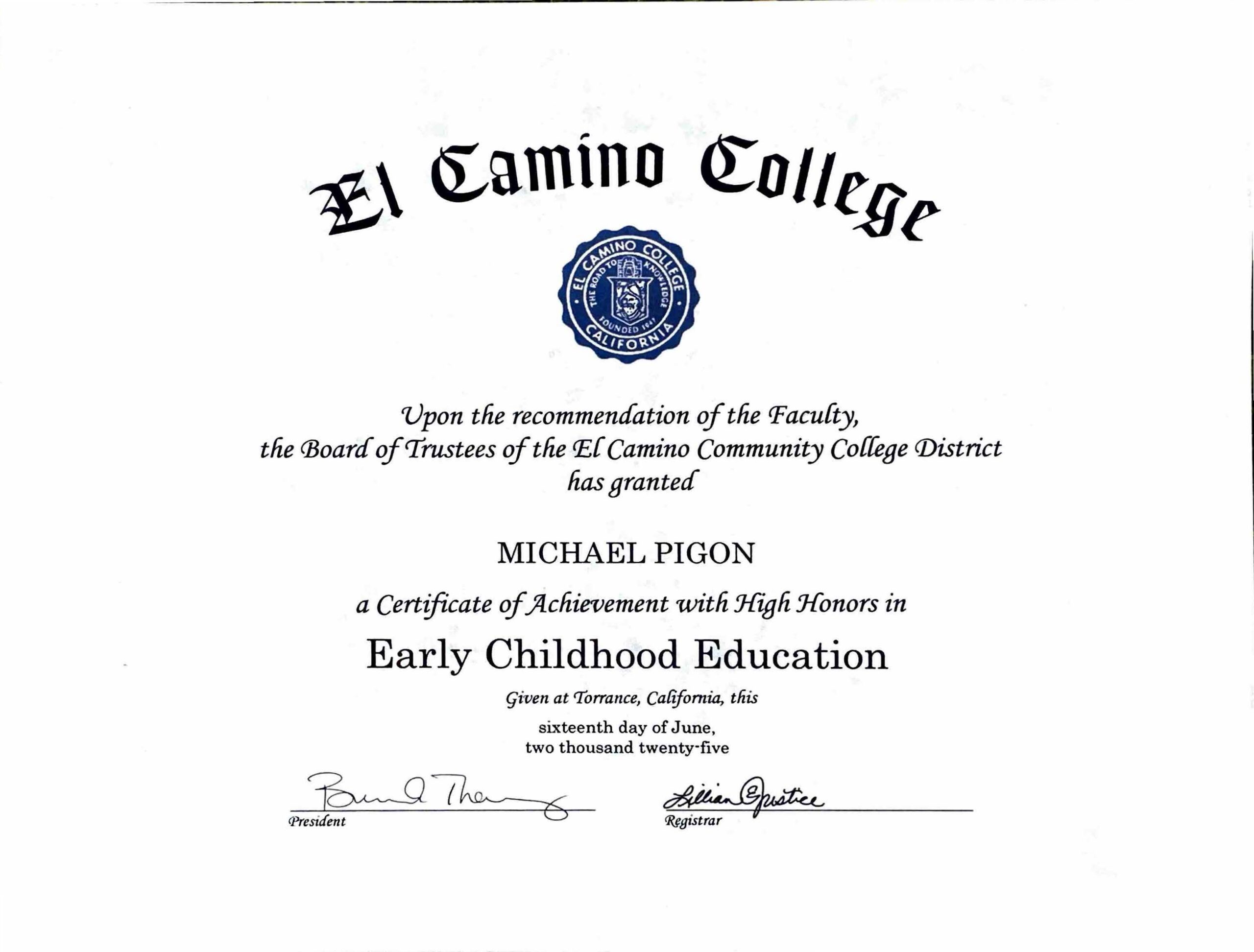 Early Childhood Education - Certificate of Achievement High Honors