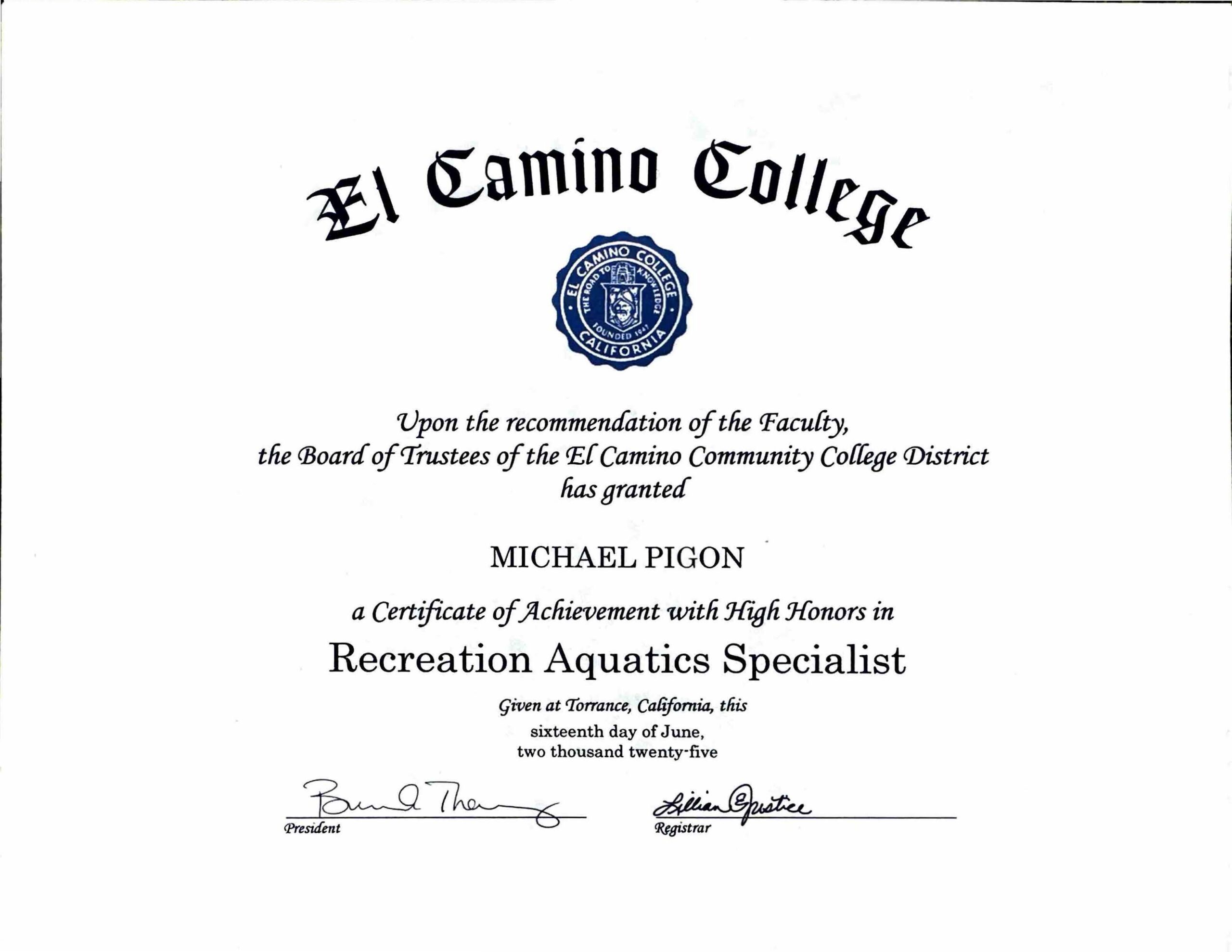 Recreation Aquatics Specialist - Certificate of Achievement High Honors
