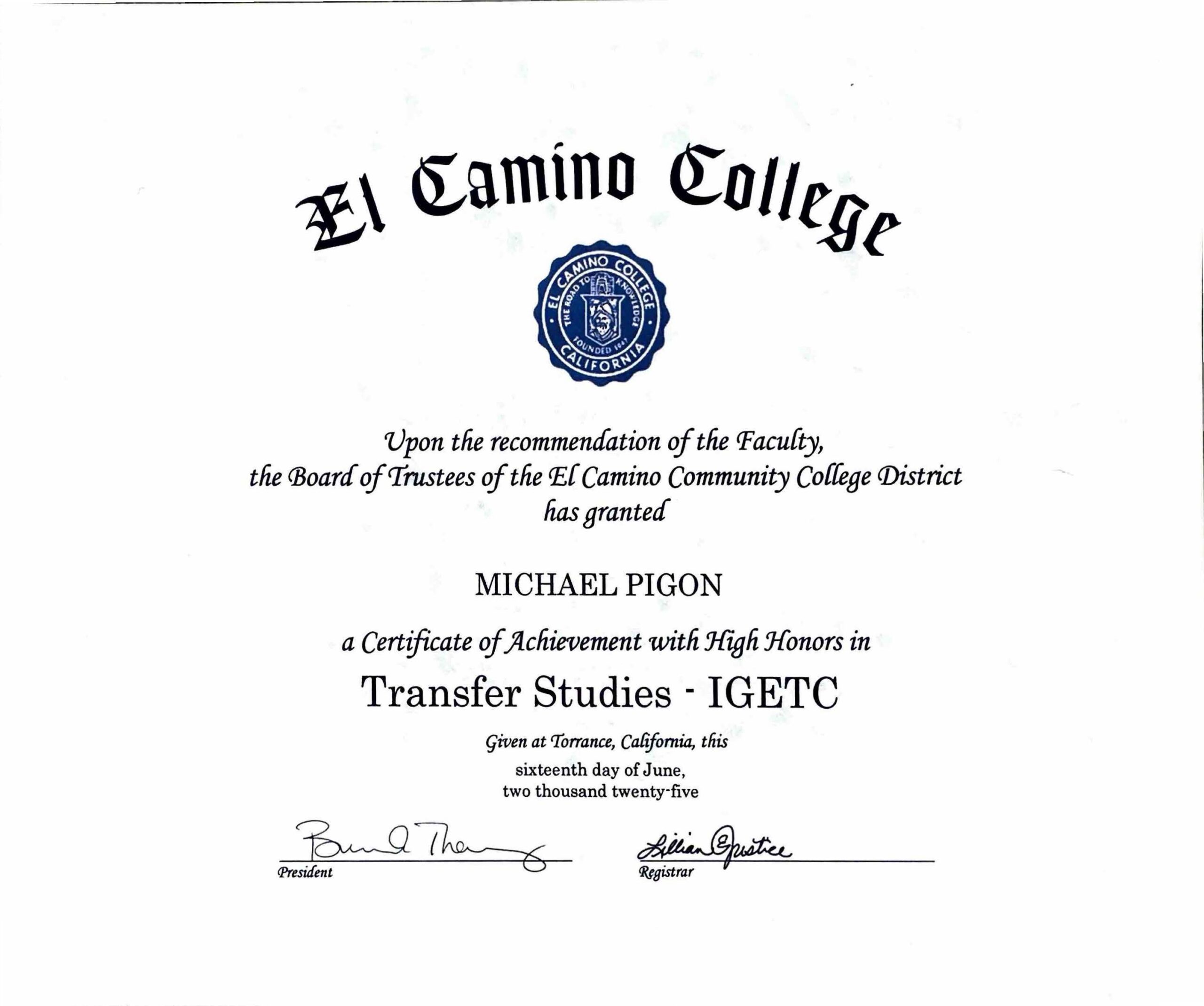 Transfer Studies - UC IGETC - Certificate of Achievement High Honors